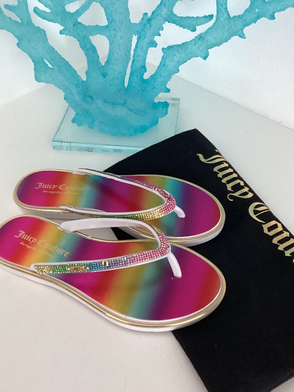 Juicy Couture Flip Flop Sandals Rhinestones Embellished Multicolored US 6